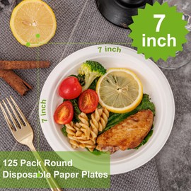 WELLIFE 100% Compostable Paper Plates 7 Inch, 125-Pack Heavy Duty Paper Plates Bulk,Biodegradable Bagasse,Eco-Friendly Disposable Dessert Plates for BBQ,Picnic,Party (BPI Certified,Microwaveable)