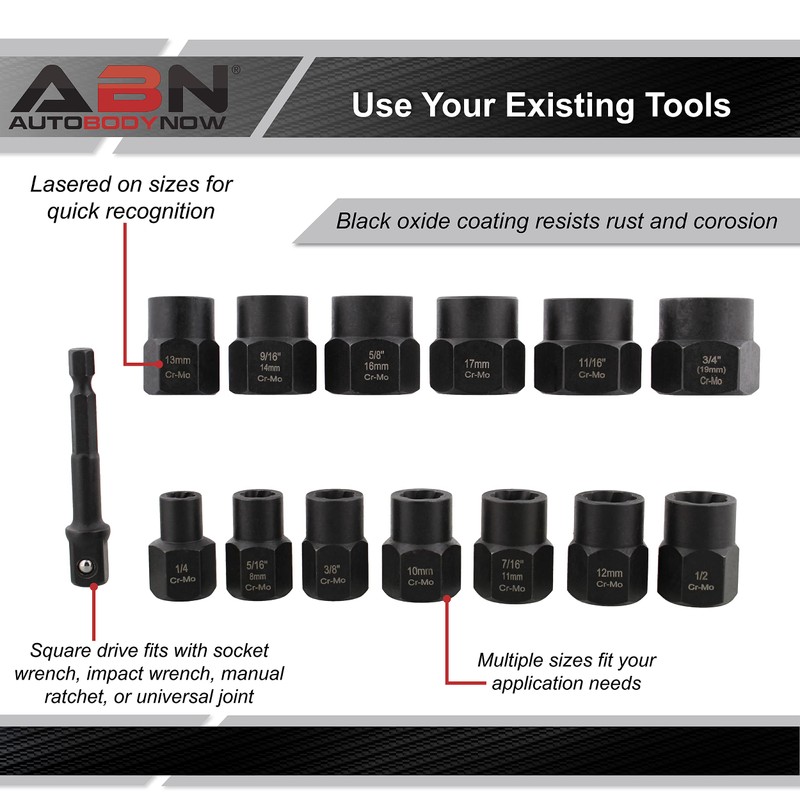 ABN Impact Bolt Remover Nut Extractor Socket Set - 14pc