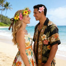 YOUDRN Hawaiian Leis Flower Crown Headband with Ribbon, 3 Pcs Tropical Floral Headpiece and Flower Hair Clips Luau Accessories for Women Girls Luau Party Decorations