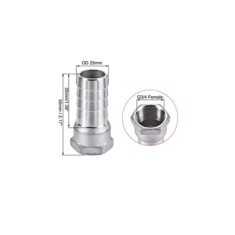 sourcing map 304 Stainless Steel Hose Barb Fitting Coupler, 25mm