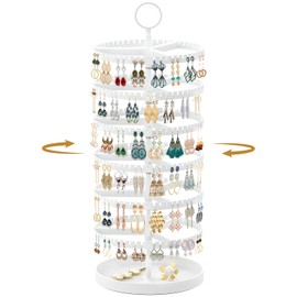 TANOSAN 6 Tier Rotating Earring Holder Organizer Stand Adjustable Plastic Display Tree with Metal Tray for Women, 342 Slots Rack for Stud, Hoop& Dangle (White)