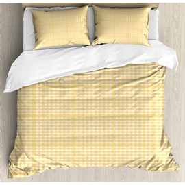 Ambesonne Vintage Yellow Duvet Cover Set, Gingham Pattern with Bicolor Checkered Squares with Heart Motifs, Decorative 3 Piece Bedding Set with 2 Pillow Shams, Queen Size, Mustard White