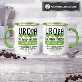 Tassendruck Geschenk Tasse mit Spruch PERSONALISIERT - Bestes Geschenk für Uropa von mehr Urenkeln - Kaffee-Tasse/Geschenkidee Geburtstag Vatertag/Vatertagsgeschenk - Innen & Henkel Hellgrün