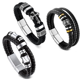 AHEJIOO Men's Leather Bracelet – Premium Men's Bracelet with Magnetic Clasp Made of Stainless Steel, Set of 3 Black Braided Bracelet Men Made of Real Leather, High-Quality Bracelet Men for Gift Ideas