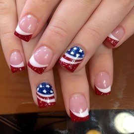 24Pcs 4th of July Press on Nails Short Square French Tip Fake Nails with Glitter Glue on Nails American Flag Acrylic Nails Independence Day False Nails Patriotic Nail Tips Stick on Nails for Women