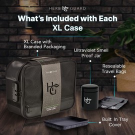 Herb Guard XL Smell Proof Bag & Airtight Case with Combination Lock (Container Holds Up to 5 Ounces) - Includes YKK Zippers, 250ml / Half oz Smell Proof Jar, Built in Tray & Travel Bags (Black)