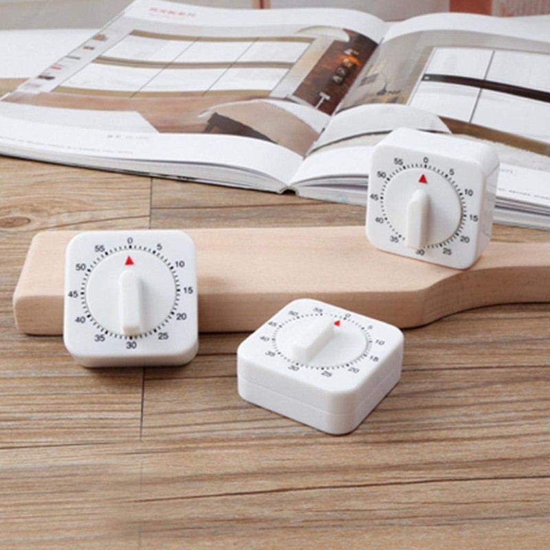 White Timer, 60 Minutes Kitchen Cook Square Timer Mechanical Countdown