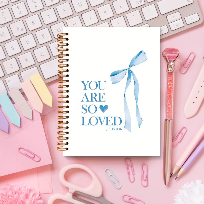 JXREQ Coquette Blue Bow Christian Notebook, Loved John 3:16 Valentine's