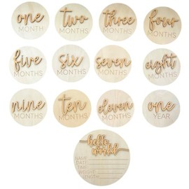 Baby Monthly Milestone Cards, 3D Premium Wooden Discs for Baby Photos and Pregnancy Journey plus BONUS Hello World Sign for Birth Announcement and Documenting Growth, Light Wood Photo Props (13 pcs) Gift (Yellow)