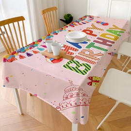 BingZair Birthday Tablecloth 108×54 Inch Rectangular Waterproof Reusable Table Cloth, Happy Birthday Colorful Balloons Cakes Gift Boxes Washable Table Cover for Party Picnic Baby Shower Dinner Decor
