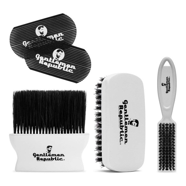 Gentlemen Republic Barber Essential Bundle #1 - Cepillo, cepillo de pan, plumero de cuello y 1 juego de pinzas para peinado, aseo, decoloración y barberías - Paquete de 5 piezas