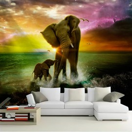 Animal Theme Tapestry Safari Art, Africa Elephant and Baby Playing in Ocean at Sunrise Nature Designs Tapestry, Wall Art Hanging for Bedroom Living Room Dorm Wall Blankets Home Decor, XL90 x 70 Inch