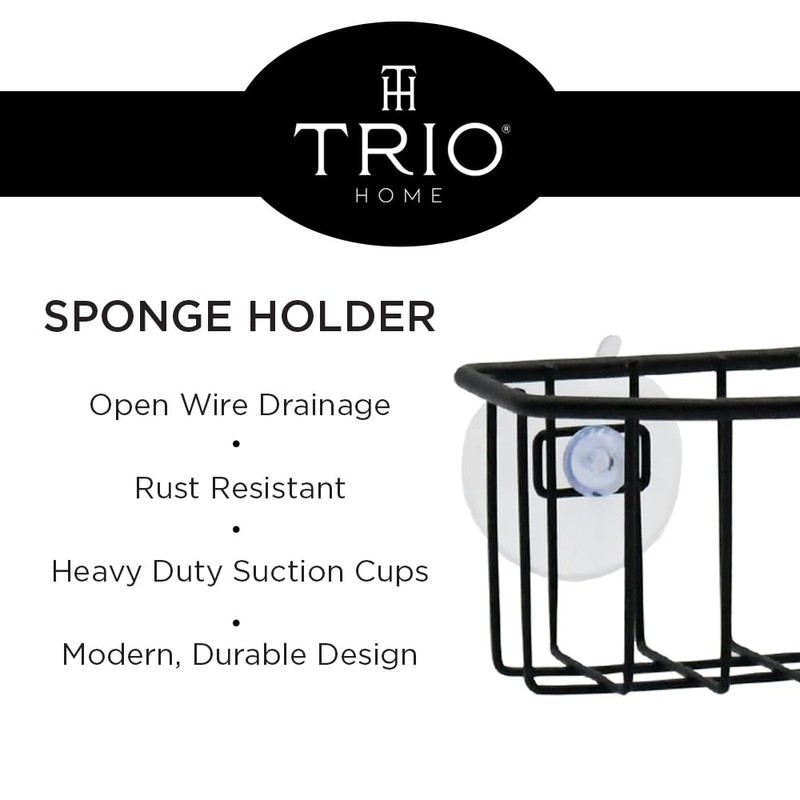 TRIO HOME Sink Sponge Organizer Caddy, Strong Transparent Suction Cups,