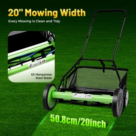 JAYGOVAN 20 Inch Push Reel Lawn Mower 5 Blade Precision Steel Blades, Adjustable Heights & Efficient Grass Catcher, Green Cordless Hand Push Reel Walk-Behind Grass Catcher for Garden Yard
