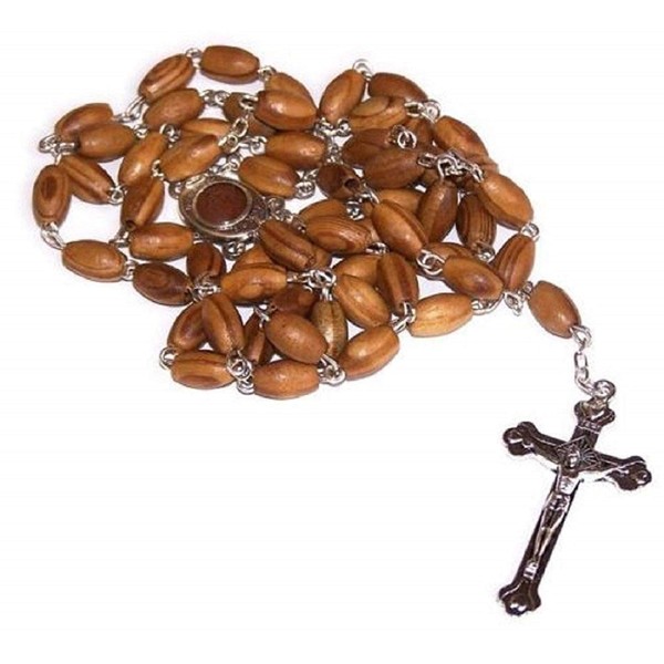 Large Natural Olive Wood Jerusalem Rosary w/Soil, Silver Chain and Crucifix by FavorOnline