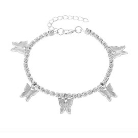 Butterfly Tennis Anklet for Everyday Wear - Primary color: Silver, Stone Color: Pink