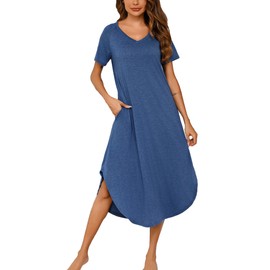 Nieery Women's Long Cotton V-Neck Summer Nightdress Large Sizes Short Sleeves Loose Sleep Shirt Night Dress Casual Sleepwear with Pockets S-3XL, Deep blue