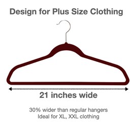 Urby Extra Wide Hangers for Plus Size Clothes, Ganchos para Colgar Ropa,21 Inch Super Plus Size Hangers Ideal for XL, XXL Shirts, Coats, Dresses, Etc. Velvet. Burgundy. 24pk.
