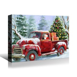 Christmas Themed Canvas Red Truck with Christmas Tree in Snow, Ideal Holiday Decor Perfect for Home Hanging Printing Decorationcolor: Brown, size: 30*20in