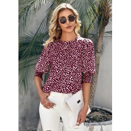 Teurkia Women's Puff-Sleeve Crew-Neck Blouse Summer Polka Dot Tee Tops Wine Red
