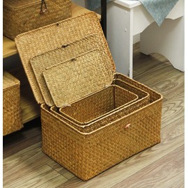 FEILANDUO Wicker Shelf Baskets with Lids, Seagrass Storage Baskets Bins Rectangular Woven Baskets Boxes for Organizing Home Decor Set of 3