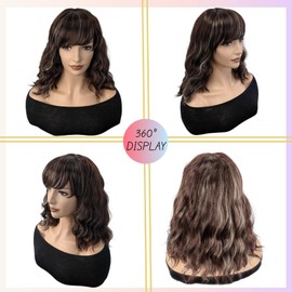 Amikilna Short Bob Wig with Bangs for Women Shoulder Length Bob Curly Wig 12 Inches Brown Mixed White Wavy Wig Synthetic Heat Resistant Fiber Hair for Daily or Party Use