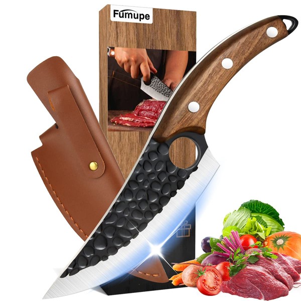 Fumupe Improved kitchen knife for all purposes with leather holster, hand-forged non-stick boning knife, utility knife, Japanese chef's knife, damask style kitchen knife, wooden handle