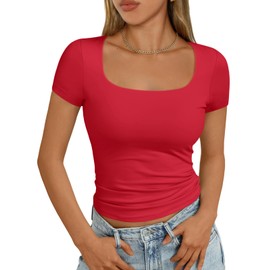 AUTOMET Womens Short Sleeve T Shirts Double Lined Square Neck Going Out Crop Tops Summer Cute Clothes Basics Tees Red XL