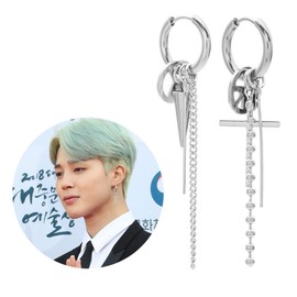 BTS Silver Earrings, Bangtan Boys V Suga Same Style Hanging Earrings, Kpop Pendant Hoop Earrings with 1 BTS 3D Sticker and 2 BTS Photocard, BTS Fan Item Gift for Army, Stainless Steel