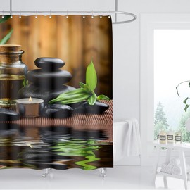 ZXMBF Zen Spa Shower Curtain Basalt Stones Herbal Oil Scent Candles Bamboo and Water Reflection Relaxing Meditation Home Décor Waterproof Fabric 72x72 Inch Plastic Hooks 12PCS