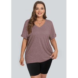 WIHOLL Womens Tops 2024 Fashion Short Sleeve Oversized Plus Size Shirts V Neck Outfits Summer Spring Loose Fits Classic Basic Casual Clothing Workout Graphic Coffee XL