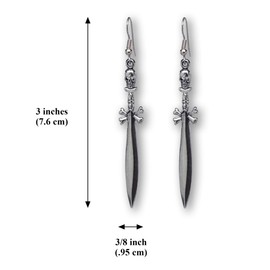 Gothic Skull on Cross Bones Sword Dangle Earrings Antique Silver Finish Pewter