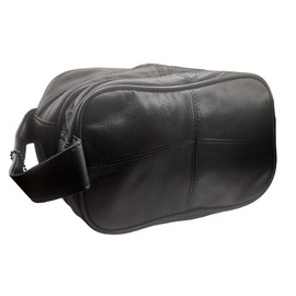 AKSHIDE® Genuine Leather Mens Wash Bag Toiletry Travel Wash Bag Shaving Bag Bathroom Gym Makeup Organizer Gift for Men & Women (Black)