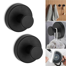 Boxonly No-Drill Suction Hooks,2024 Upgraded Stainless Steel Waterproof Hooks for Bathroom,Shower,Kitchen,and Mirrors–Heavy Duty Towel Holders(2 Pcs, Matte Black)