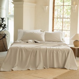 BISELINA 100% Washed Cotton Sheet Set Full Size 4 Pieces Soft Breathable Durable Chic Bedding Set for All Season - Sandy Beige, Full
