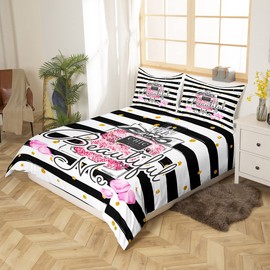 Manfei Fashion Girly Duvet Cover Set Twin Size, Pink Cosmetics Print Comforter Cover with 1 Pillowcase, Black White Stripe Print Bedding Set 2pcs for Kids Girls Teens Bedroom Decor, Modern Bedspread