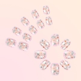 24Pcs Square Press on Nails Short Length Pink Fake Nails with Silver Clouds Designs Reusable Gold Star False Nails Glue on Nails Full Cover Cute Bronzing Clouds Stars Acrylic Nails for Women Girls