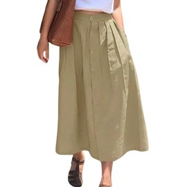 chouyatou Women's High Waisted Button Front Skirt A-Line Pleated Cotton Midi Long Skirt with Pockets (Large, Khaki)