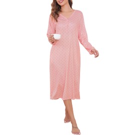 Lovasy Women's Nightdresses&Nightshirts Long Sleeve Nightdresses for Women UK Button Printed Nighties for Women Long Nightgowns Soft Ladies Night Dress with Pockets,Pink Dot,XL