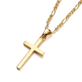 USEEDOVIA Cross Necklace for Men, 316L Stainless Steel Mens Necklace with Cross Pendant, Gold Figaro Link Chain (55+5cm) Christmas Religious Birthday Gifts for Him Boys