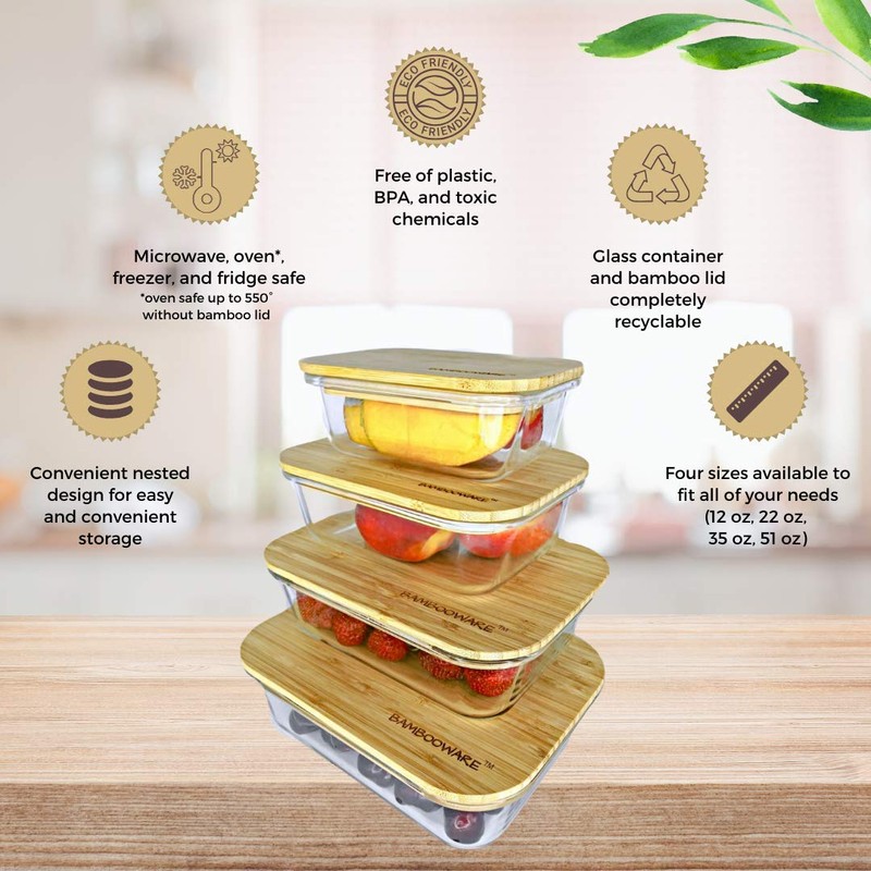 Bambooware Glass Containers with Lids | Non Plastic Glassware Set