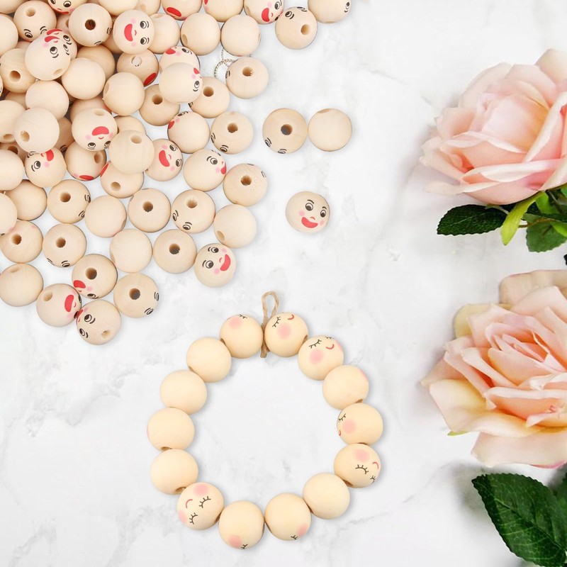 Oenothera 100 Pieces Smiley Face Beads, Wooden Faced Beads, Doll