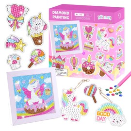 Diamond Art Kits for Kids,DIY Gem Art Stickers Kits with Wooden Frame & Keychains,Unicorn Painting Art Crafts Toy Gift for Kids Boy Girls 6 7 8 9 10 11 12 Year Old