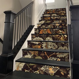 REDAMANCY Vintage Boho Orange Paisley Flowers Brown Peel and Stick Vinyl Stair Riser Decals Staircase Tile Stickers Decor Modern Marble Decoration Self-Adhesive(14 Pcs)