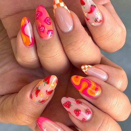 Pack of 24 Almond Nails for Sticking Short, French Artificial Fingernails Cute Vegetable Fruit Designs Acrylic False Nails, Oval Full Cover Natural Press on Nails for Women Girls Nail Art Decoration
