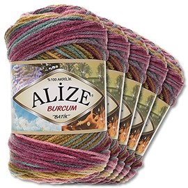 Alize 5 x 100 g Balls of Burcum Batik Premium Wool, 100% Acrylic, 29 Colours, Colour Gradient Accents, Crochet Knitting, Clothing (4341)