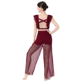 Lyrical Dance Costumes for Women Modern Contemporary Ballet Dancewear Two Piece Outfit Criss Cross Tank Crop Tops Mesh Tulle Wide Leg Bottom Pants Leotards Jazz Modern Dance Solo Set Burgundy M