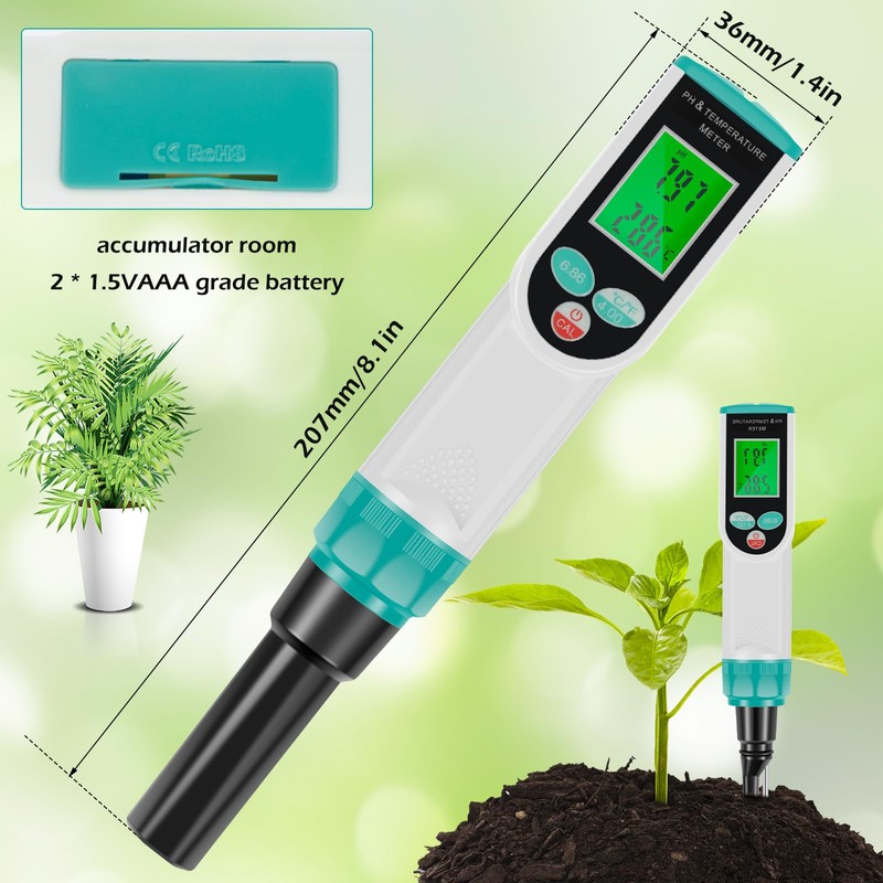 Txkrhwa Food pH Meter Probe Digital Soil pH Tester Automatic
