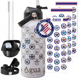 AguaTrek Stars and Stripes National Parks Water Bottle with Stickers | 32 Oz Insulated Wide Mouth Stainless Steel Bottle | 2 Lids (Straw & Spout) | BPA-Free and Leak-Proof | Gift-Ready Box [White]