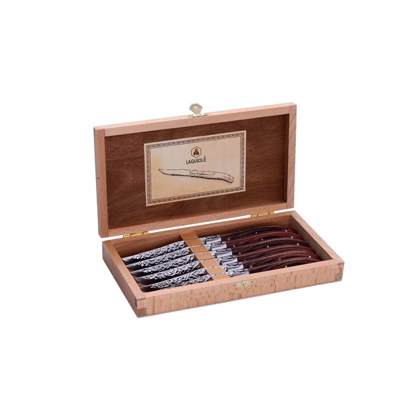 LAGUIOLE - Box of 6 Table Knives in Brown Pakka Wooden Handle - Stainless Steel - Box of Table Knives Suitable for All Occasions